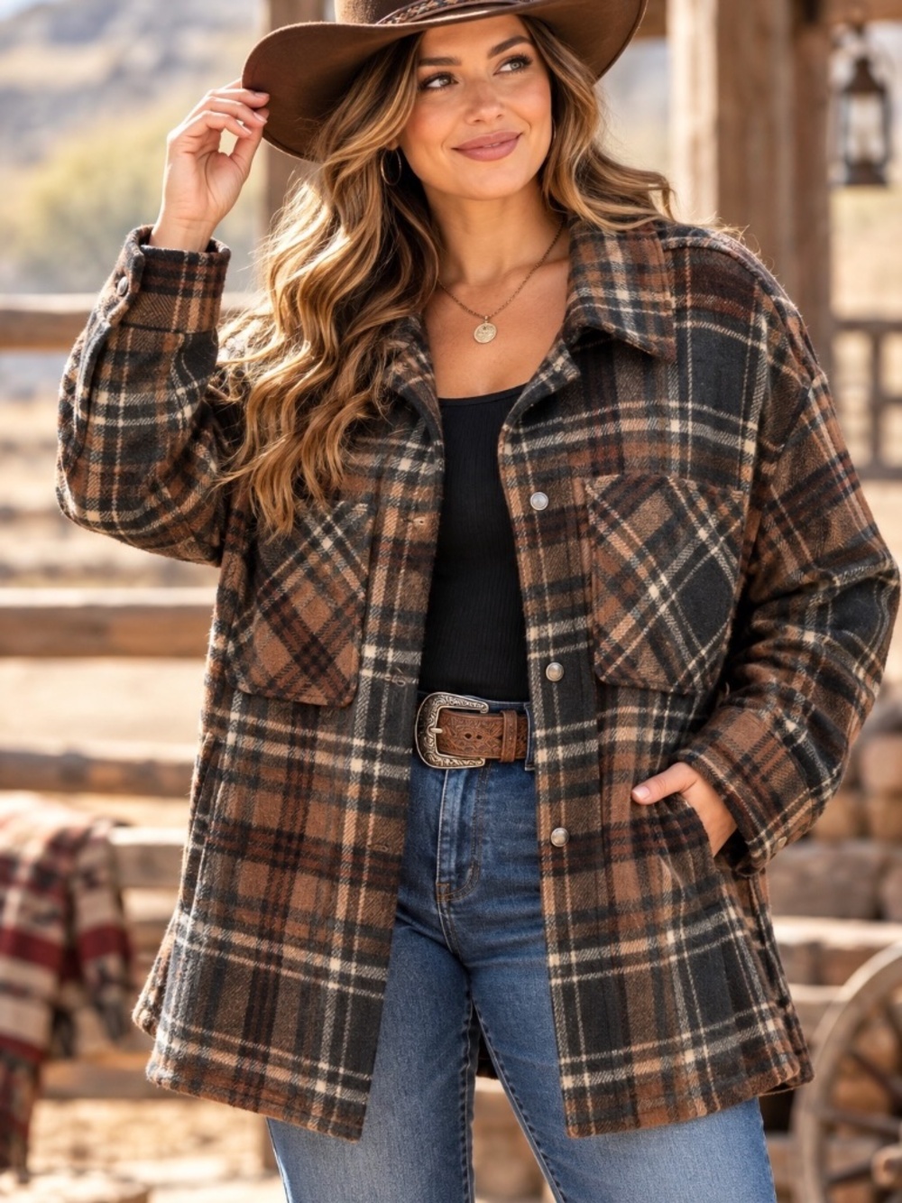 H&M Plaid Shacket Womens Size XL Brown Wool Blend Wester Country Oversized